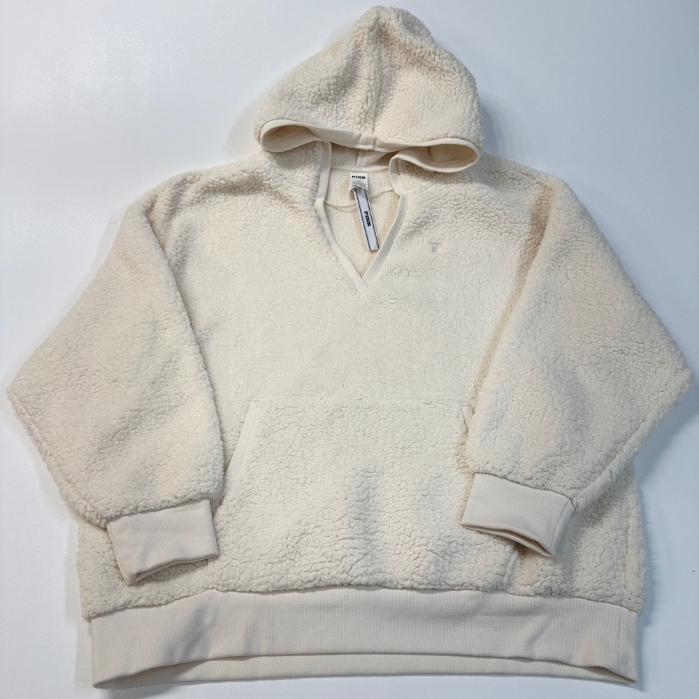 PINK Victoria's Secret Women Size L Sherpa Fleece‎ Hoodie Pullover Cream Ivory